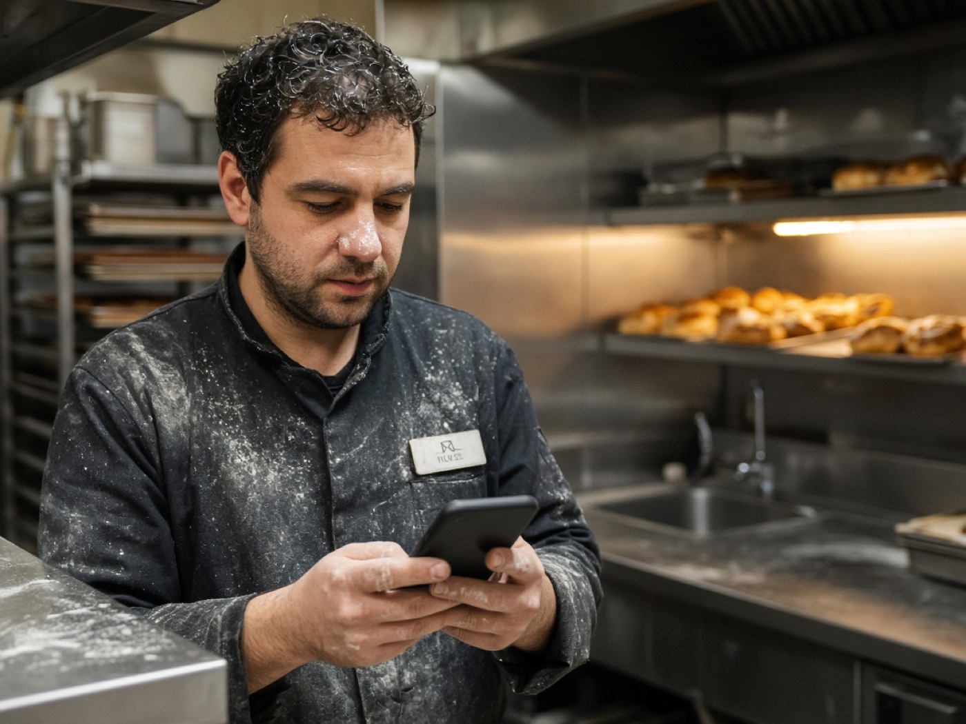 Crew checking the rota on a phone in the kitchen