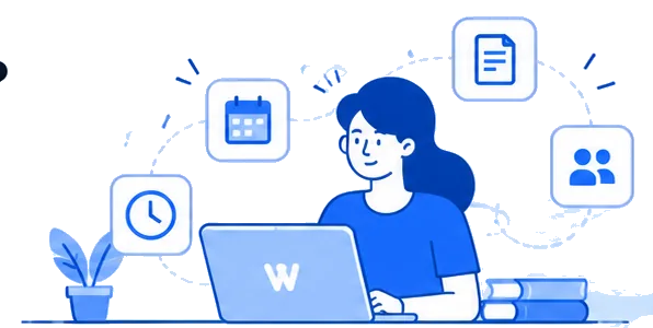 A person at a laptop, with the rota, clock, documents and team around them