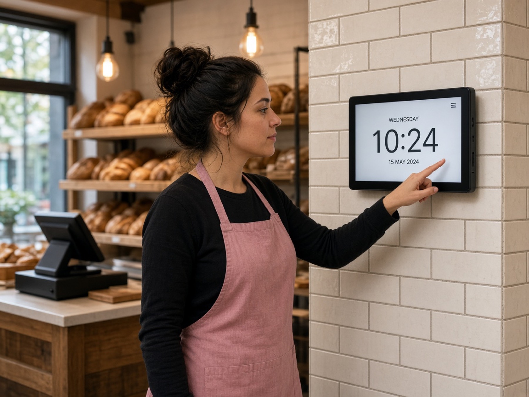 Staff clocking in on a 7-inch wall screen