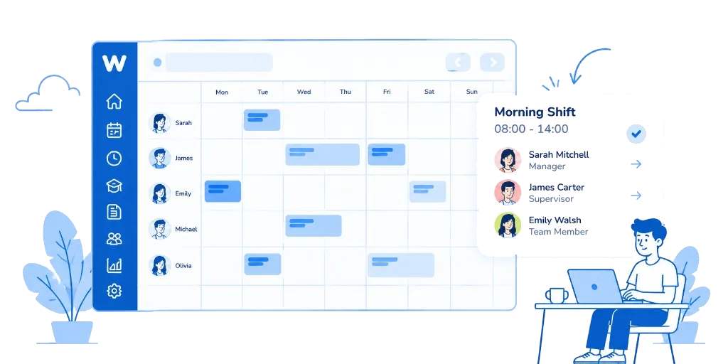 A person at a laptop beside a weekly rota