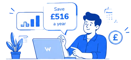 Illustration of a person comparing workplace software costs on a laptop